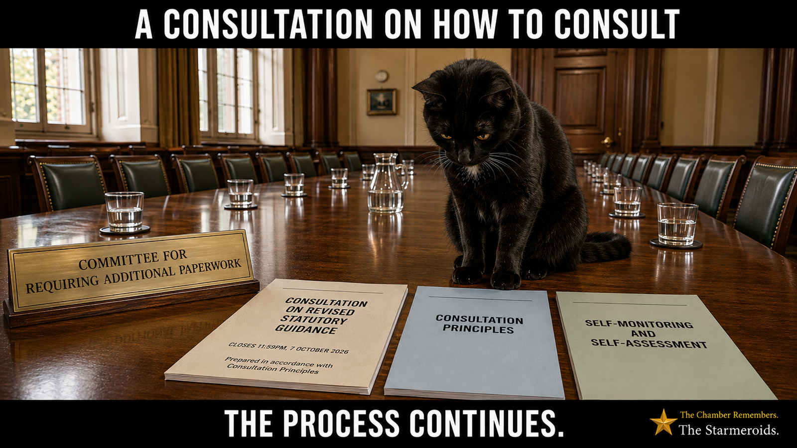 An empty formal committee room with a long polished wooden table, rows of green leather chairs and neatly placed water glasses. Tac sits alone on the tabletop looking down at official-looking papers. A brass nameplate reads “COMMITTEE FOR REQUIRING ADDITIONAL PAPERWORK”. The documents include “CONSULTATION ON REVISED STATUTORY GUIDANCE”, “CONSULTATION PRINCIPLES” and “SELF-MONITORING AND SELF-ASSESSMENT”, making the consultation process itself the subject of the paperwork. Top bar text: A CONSULTATION ON HOW TO CONSULT Bottom bar text: THE PROCESS CONTINUES.