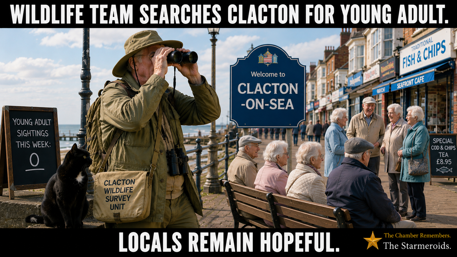 A sunny Clacton-on-Sea promenade. A wildlife-survey worker in outdoor clothing and a wide-brimmed hat scans the seafront through binoculars. His shoulder bag reads “CLACTON WILDLIFE SURVEY UNIT”. Beside him, a blackboard says “YOUNG ADULT SIGHTINGS THIS WEEK: 0”. Tac sits beside the board looking toward the survey worker. A large “Welcome to CLACTON-ON-SEA” sign stands behind them, while the visible people on the promenade are predominantly older adults. Top bar text: WILDLIFE TEAM SEARCHES CLACTON FOR YOUNG ADULT. Bottom bar text: LOCALS REMAIN HOPEFUL.
