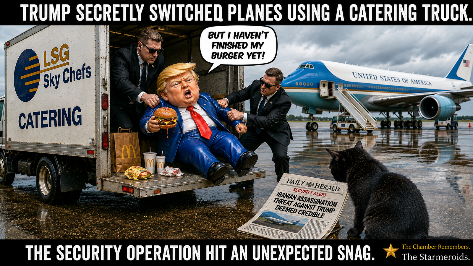 A wet airport apron beneath dark storm clouds. A catering truck marked “LSG Sky Chefs” is parked in the foreground with its rear open. A caricatured Donald Trump sits awkwardly at the back of the truck clutching a large burger while two dark-suited security agents try to move him. Fast-food cartons, chips and drinks are scattered around him. Behind the truck is a large aircraft marked “UNITED STATES OF AMERICA.” At lower right, Tac sits beside a newspaper whose visible headline refers to an Iranian assassination threat against Trump being deemed credible, and Tac looks toward the paper and the commotion. Top bar text: TRUMP SECRETLY SWITCHED PLANES USING A CATERING TRUCK. Speech bubble text: “BUT I HAVEN'T FINISHED MY BURGER YET!” Bottom bar text: THE SECURITY OPERATION HIT AN UNEXPECTED SNAG.