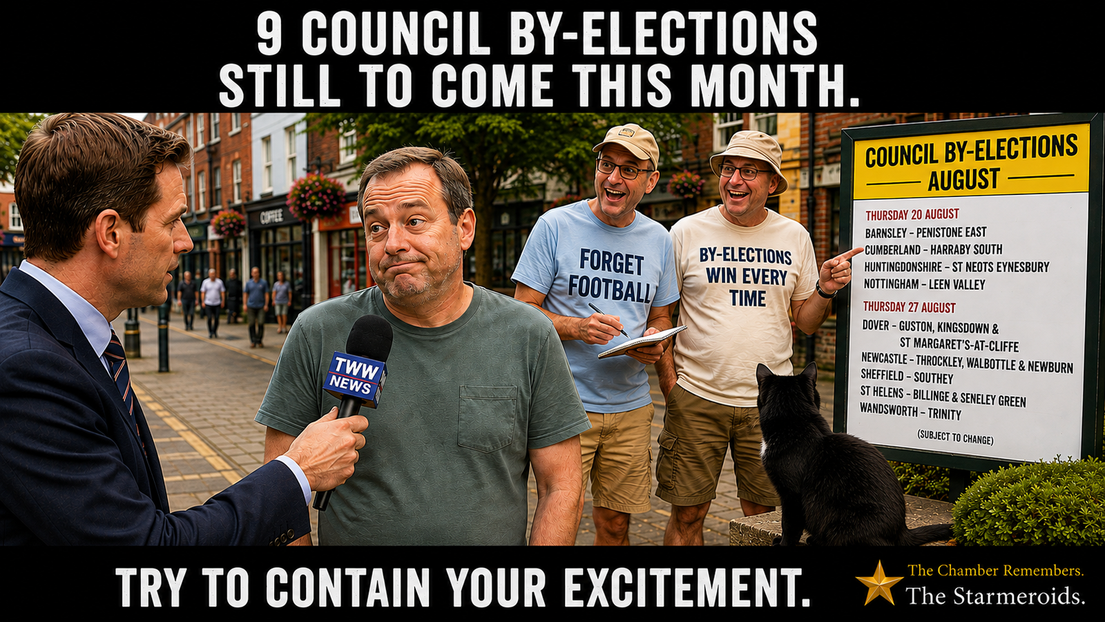 Top bar text: “9 COUNCIL BY-ELECTIONS STILL TO COME THIS MONTH.” A TWW NEWS reporter interviews an unenthusiastic man on a high street while two enthusiastic men in short-sleeved shirts study a noticeboard headed COUNCIL BY-ELECTIONS AUGUST; one holds a notebook and the other points at the listed dates and wards. The board also carries SUBJECT TO CHANGE. Tac sits below the board, facing the excited spotters rather than the camera. Bottom bar text: “TRY TO CONTAIN YOUR EXCITEMENT.”