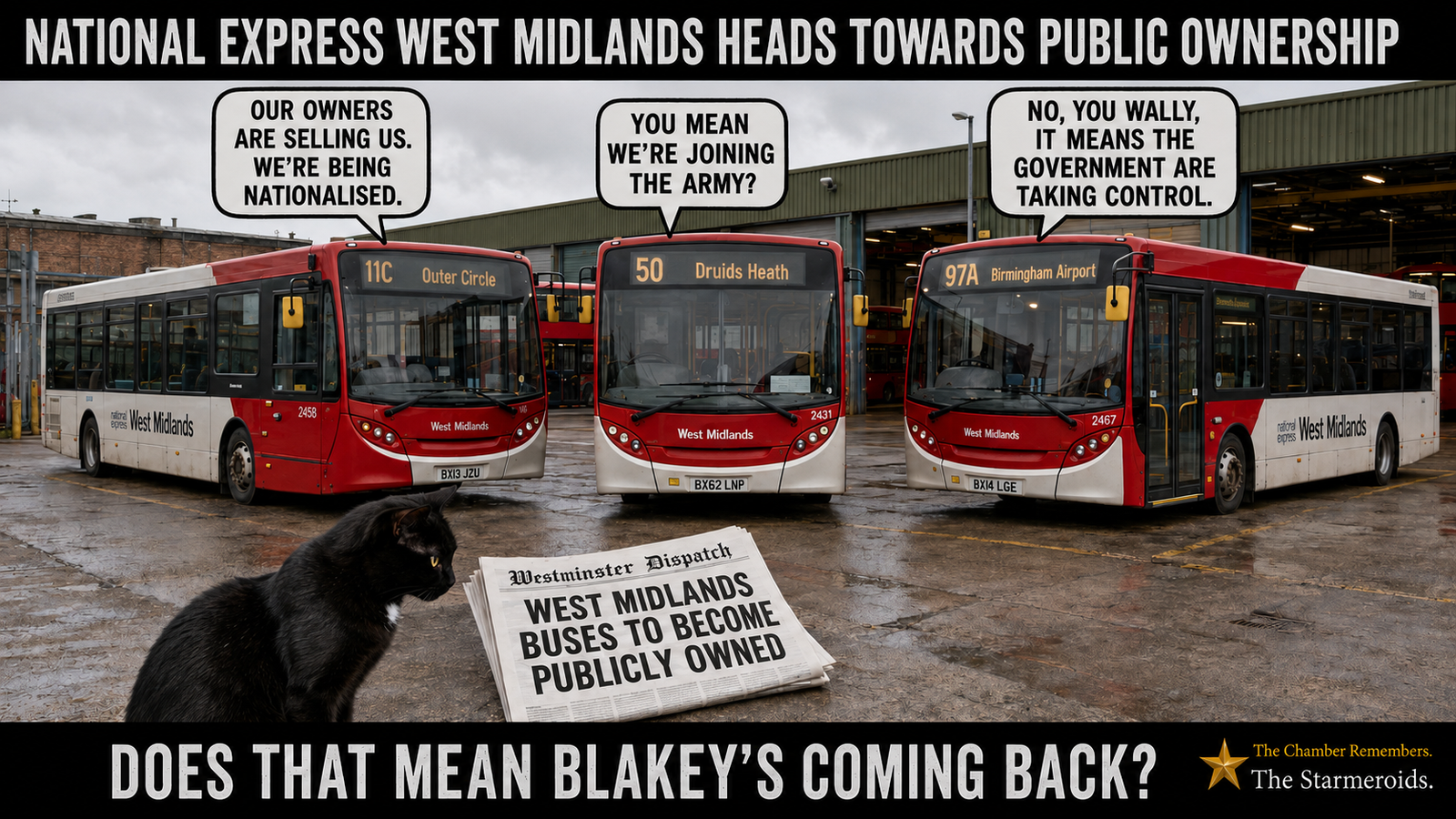 Top bar text: “NATIONAL EXPRESS WEST MIDLANDS HEADS TOWARDS PUBLIC OWNERSHIP.” Three West Midlands-style buses stand in a depot with route blinds for 11C Outer Circle, 50 Druids Heath and 97A Birmingham Airport. The first bus says, “OUR OWNERS ARE SELLING US. WE’RE BEING NATIONALISED.” The second replies, “YOU MEAN WE’RE JOINING THE ARMY?” The third says, “NO, YOU WALLY. IT MEANS THE GOVERNMENT ARE TAKING CONTROL.” Tac looks at a fictional Westminster Dispatch newspaper whose headline reads WEST MIDLANDS BUSES TO BECOME PUBLICLY OWNED. Bottom bar text: “DOES THAT MEAN BLAKEY’S COMING BACK?”
