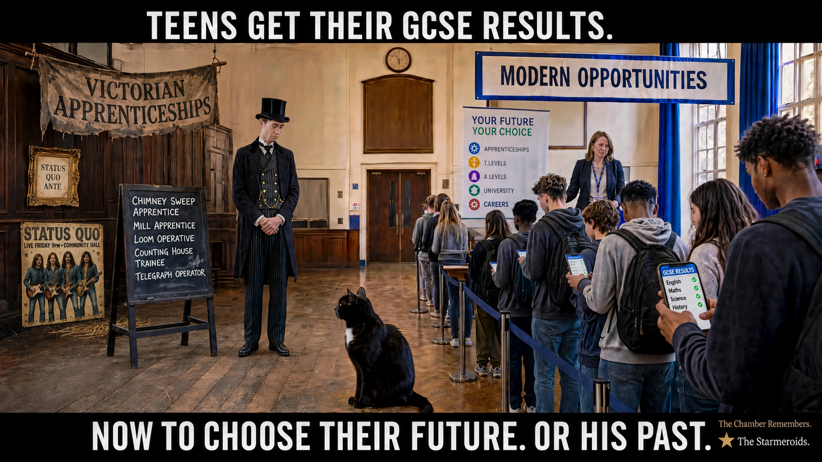 Top bar text: “TEENS GET THEIR GCSE RESULTS.” A modern school hall is divided into two career choices. On the right, a queue of teenagers who look about sixteen check their GCSE results and approach a normal careers adviser offering Apprenticeships, T Levels, A Levels, University and Careers. On the left, an empty Victorian Apprenticeships lane is staffed by a disappointed Jacob Rees-Mogg-style figure in full Victorian dress beside a board offering Chimney Sweep Apprentice, Mill Apprentice, Loom Operative, Counting House Trainee and Telegraph Operator. A framed STATUS QUO ANTE sign and a small fake Status Quo-style concert poster sit in the background as buried references. Tac sits near the dividing point looking toward the empty Victorian lane and the adult figure rather than toward the pupils or camera. Bottom bar text: “NOW TO CHOOSE THEIR FUTURE. OR HIS PAST.”