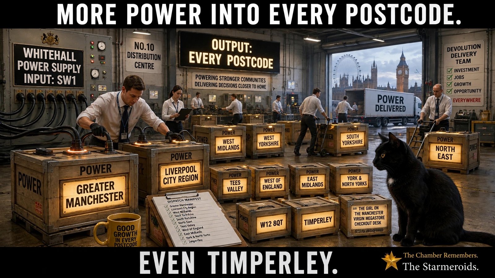 Top bar text: “MORE POWER INTO EVERY POSTCODE.” A fictional Whitehall Power Supply / No 10 Distribution Centre is run like an electrical warehouse. Civil servants plug heavy cables into glowing crates labelled POWER before dispatching them to mayoral areas including Greater Manchester, Liverpool City Region, West Midlands, West Yorkshire, South Yorkshire, Tees Valley, West of England, East Midlands, York and North Yorkshire and North East. A loading-bay lorry reads POWER DELIVERED. One source board reads WHITEHALL POWER SUPPLY / INPUT: SW1 and another reads OUTPUT: EVERY POSTCODE. Smaller details include a crate marked TIMPERLEY, one marked W12 8QT and another addressed to THE GIRL ON THE MANCHESTER VIRGIN MEGASTORE CHECKOUT DESK, plus a GOOD GROWTH IN EVERY POSTCODE mug. Tac sits at the right looking left toward the front-row crate cluster. Bottom bar text: “EVEN TIMPERLEY.”