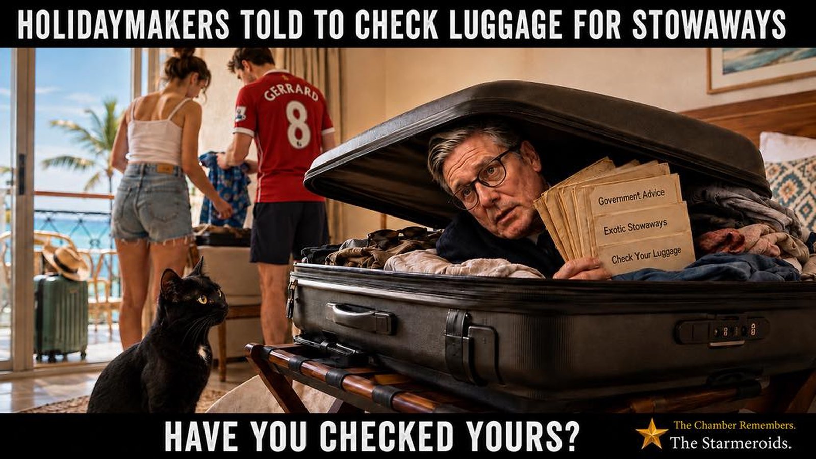 Top bar text: “HOLIDAYMAKERS TOLD TO CHECK LUGGAGE FOR STOWAWAYS.” In a bright hotel room, a young couple are preparing to leave with an open suitcase in the foreground. The man wears a retro red Liverpool football shirt with GERRARD 8 on the back. Hidden among the clothes inside the suitcase is a bespectacled Starmer-like man holding folders labelled Government Advice, Exotic Stowaways and Check Your Luggage. The couple have not noticed him. Tac, a black cat with a small white chest patch, sits at the lower left looking toward the hidden man rather than the camera. Bottom bar text: “HAVE YOU CHECKED YOURS?”