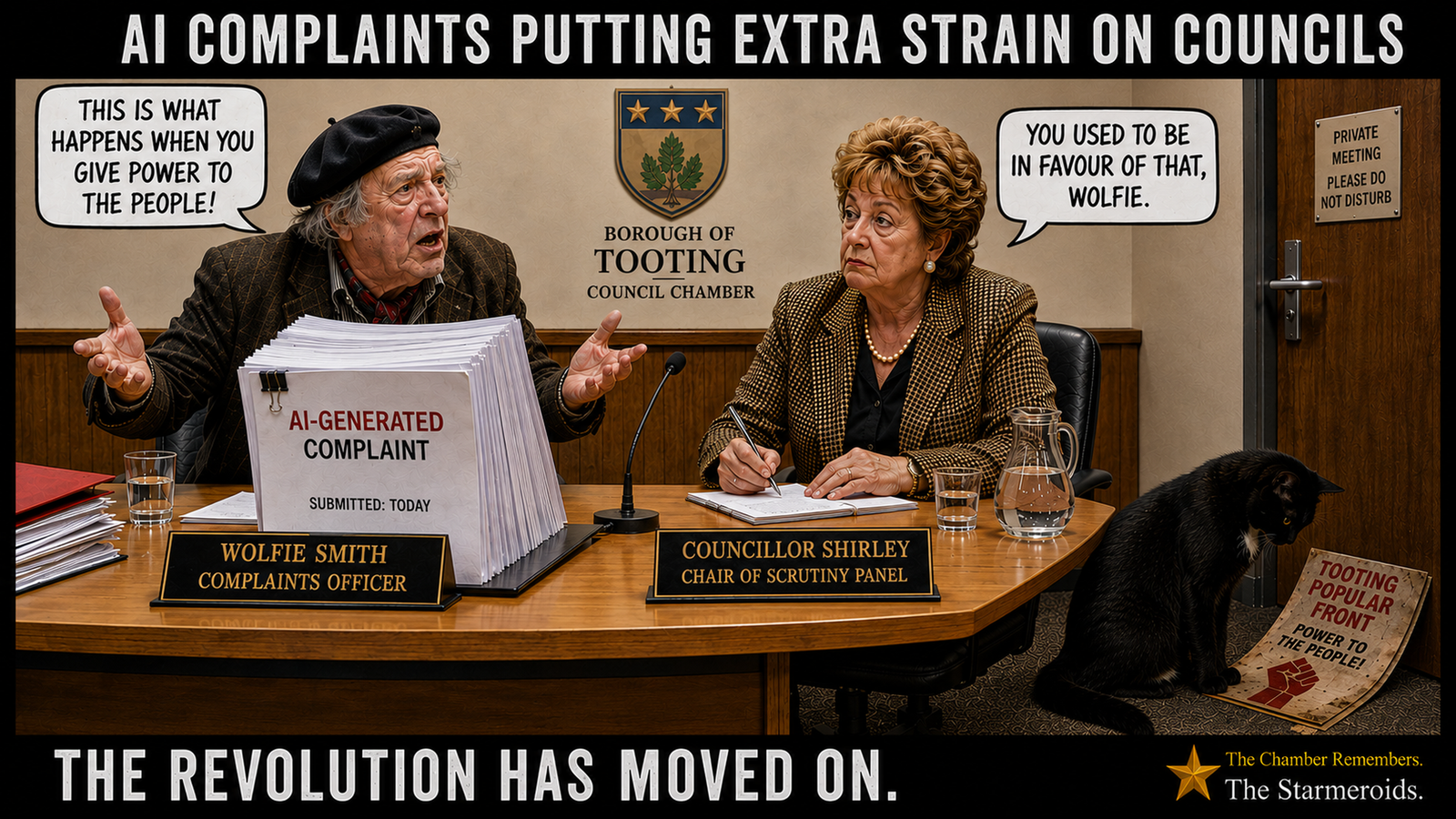 Top bar text: “AI COMPLAINTS PUTTING EXTRA STRAIN ON COUNCILS.” In the Borough of Tooting council chamber, the complaining complaints officer Wolfie Smith sits at a scrutiny-panel table beside an enormous stack headed “AI-GENERATED COMPLAINT” and “SUBMITTED: TODAY”. His nameplate reads “WOLFIE SMITH — COMPLAINTS OFFICER”. Wolfie throws out his hands and says, “THIS IS WHAT HAPPENS WHEN YOU GIVE POWER TO THE PEOPLE!” Across the table, Councillor Shirley sits behind a nameplate reading “COUNCILLOR SHIRLEY — CHAIR OF SCRUTINY PANEL” and replies, “YOU USED TO BE IN FAVOUR OF THAT, WOLFIE.” At the lower right, Tac, a black short-haired cat with amber eyes and a small white chest patch, looks down at a battered Tooting Popular Front poster lying on the floor beside the door. The poster reads “TOOTING POPULAR FRONT — POWER TO THE PEOPLE!” Bottom bar text: “THE REVOLUTION HAS MOVED ON.”