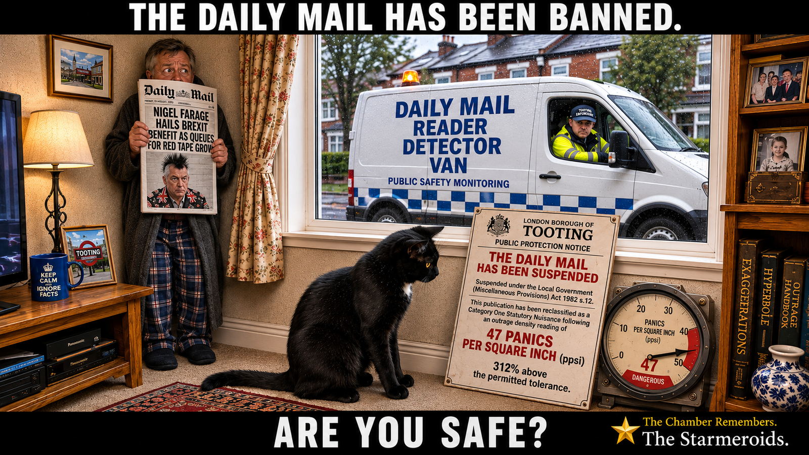 Top bar text: “THE DAILY MAIL HAS BEEN BANNED.” In an ordinary British front room, a worried middle-aged man in a dressing gown and checked pyjama trousers presses himself against the wall beside the window while holding a tabloid Daily Mail front page. The newspaper headline reads “NIGEL FARAGE HAILS BREXIT BENEFIT AS QUEUES FOR RED TAPE GROW”, with a Punk Farage image beneath it. Through the window, a white van labelled “DAILY MAIL READER DETECTOR VAN” and “PUBLIC SAFETY MONITORING” is parked outside, with a uniformed officer peering from the driver’s window. In the foreground, Tac, a black short-haired cat with amber eyes and a small white chest patch, looks at a council notice headed “LONDON BOROUGH OF TOOTING — PUBLIC PROTECTION NOTICE”. The notice says “THE DAILY MAIL HAS BEEN SUSPENDED” under the Local Government (Miscellaneous Provisions) Act 1982 s.12 after being reclassified as a Category One Statutory Nuisance, following an outrage density reading of 47 panics per square inch (ppsi), 312% above the permitted tolerance. Beside the notice, a gauge labelled “PANICS PER SQUARE INCH (ppsi)” points to 47 in a red DANGEROUS zone. Bottom bar text: “ARE YOU SAFE?”