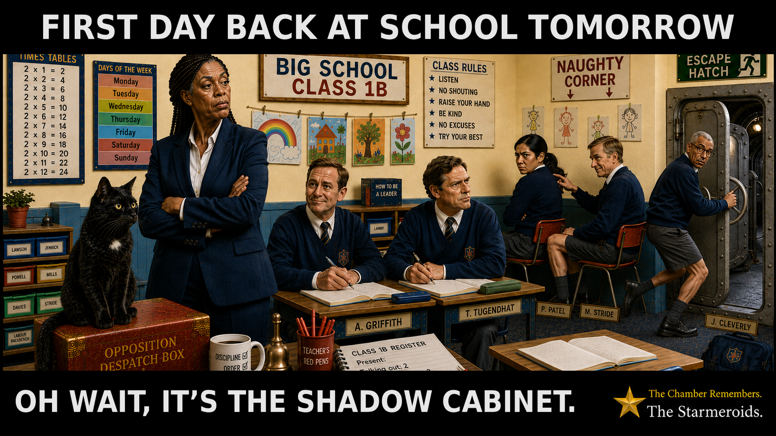 Top bar text: “FIRST DAY BACK AT SCHOOL TOMORROW.” A bright junior-school classroom turns the Conservative Shadow Cabinet reshuffle into the first day back at school. Kemi Badenoch stands at the front in a dark navy suit with her arms folded, facing the class. Andrew Griffith and Tom Tugendhat sit at school desks with nameplates. Priti Patel and Mel Stride are in a Naughty Corner at the back, where Stride is subtly poking Patel and she looks irritated. At the right, James Cleverly is caught sneaking away through a partly open steel escape hatch with a wheel handle, looking back into the classroom as he leaves. Tac, a black short-haired cat with amber eyes and a small white chest patch, sits on the Opposition despatch box and looks towards Cleverly and the hatch. A class register in the foreground includes entries for talking out, the naughty corner and an escape, while pigeonhole labels, a correct times table, days of the week, children’s artwork, class rules and a book called HOW TO BE A LEADER add ordinary classroom detail. A wall sign reads BIG SCHOOL and CLASS 1B. Bottom bar text: “OH WAIT, IT’S THE SHADOW CABINET.”
