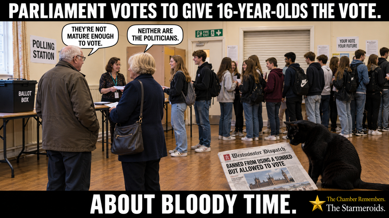 Top bar text: ‘Parliament votes to give 16-year-olds the vote.’ Teenage voters queue in a polling station while Tac looks towards a fictional newspaper. Bottom bar text: ‘About bloody time.’