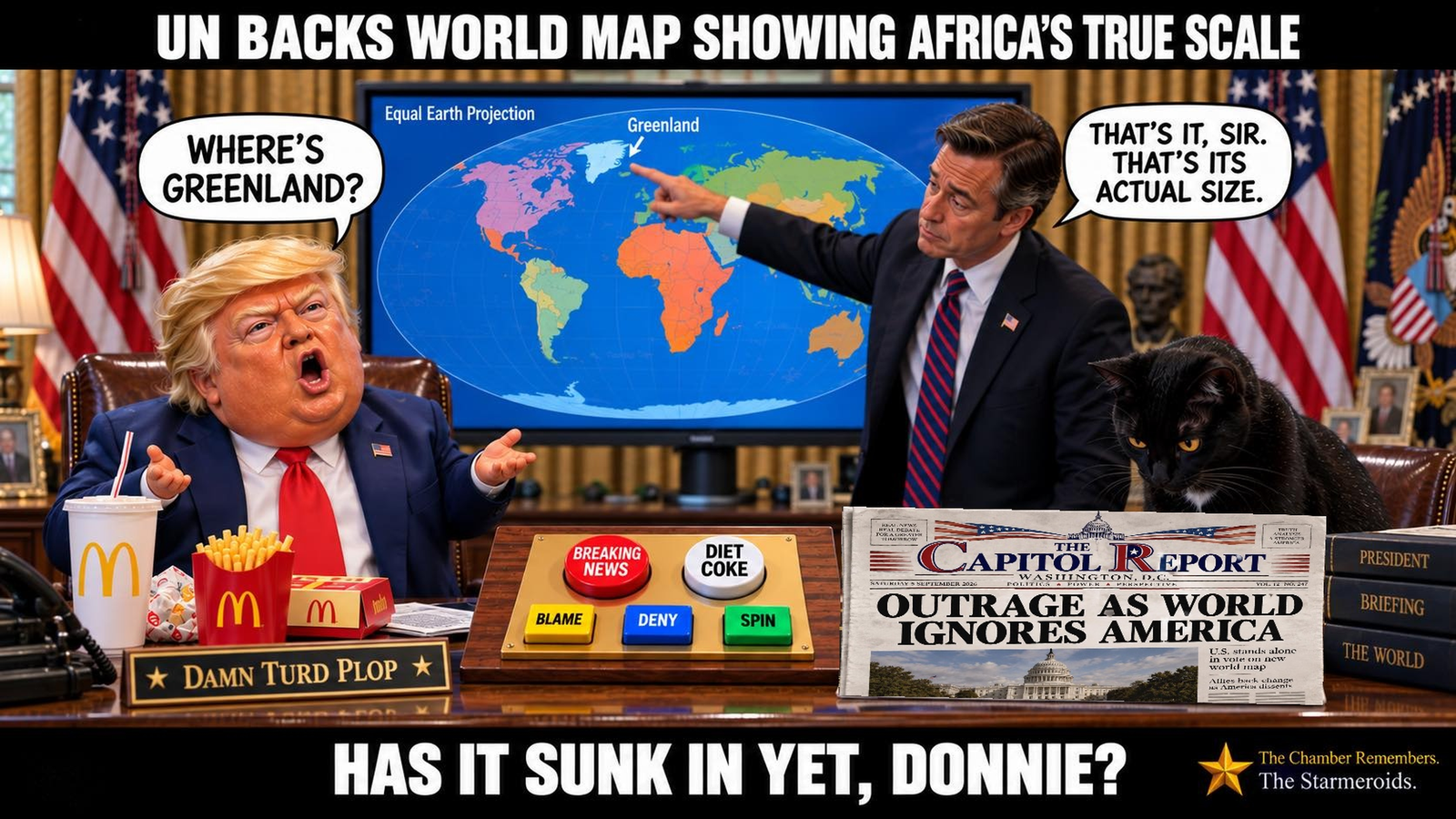 Top bar text: ‘UN backs world map showing Africa’s true scale.’ A Trump caricature is shown an Equal Earth map while Tac looks towards a fictional newspaper. Bottom bar text: ‘Has it sunk in yet, Donnie?’