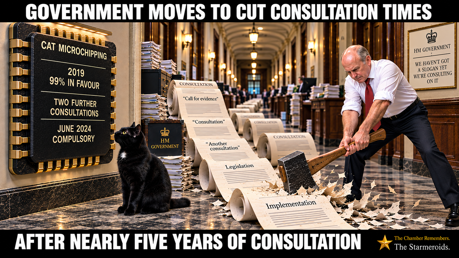 Top bar text: ‘Government moves to cut consultation times.’ A long government corridor is filled with consultation paperwork while Tac looks towards a cat-microchipping display. Bottom bar text: ‘After nearly five years of consultation.’