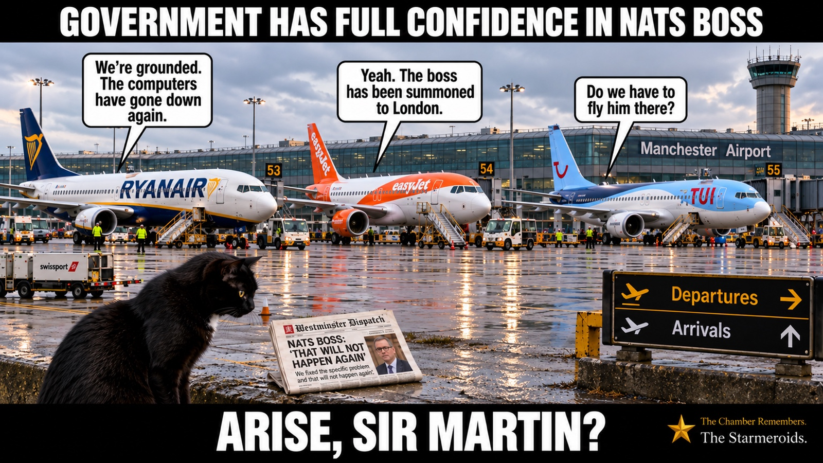 Top bar text: ‘Government has full confidence in NATS boss.’ Grounded aircraft at Manchester Airport discuss another systems failure while Tac looks towards a fictional newspaper. Bottom bar text: ‘Arise, Sir Martin?’