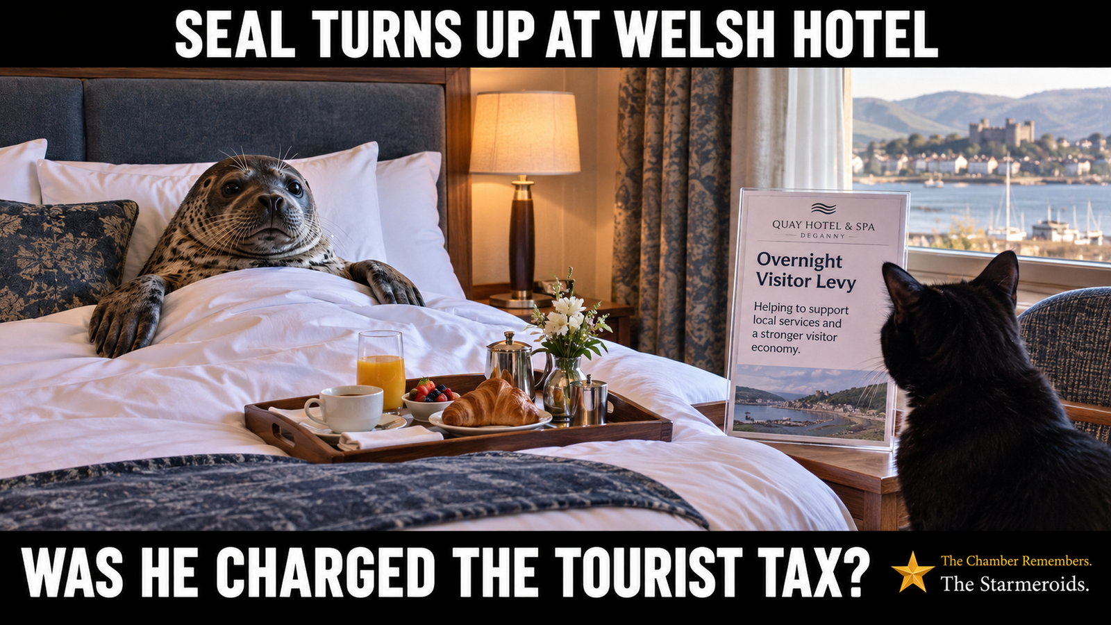Top bar text: ‘Seal turns up at Welsh hotel.’ A fictional hotel scene shows a young seal tucked into bed while Tac looks towards an Overnight Visitor Levy notice. Bottom bar text: ‘Was he charged the tourist tax?’