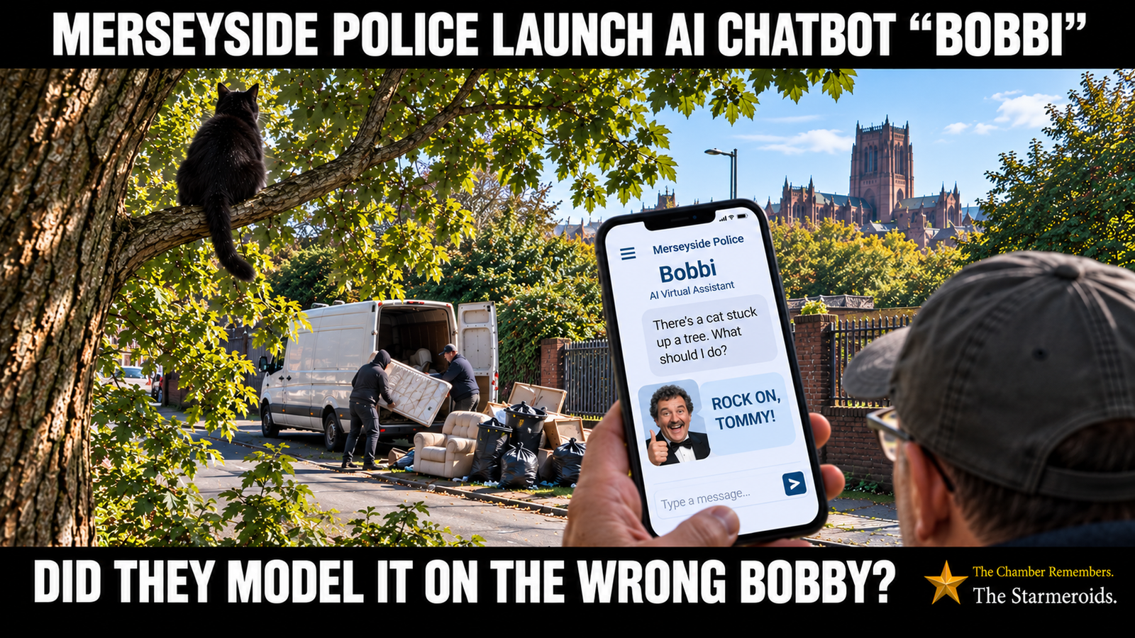Top bar text: ‘Merseyside Police launch AI chatbot “Bobbi”.’ On a sunny Liverpool street, Tac, a black cat, sits high in a tree looking towards two men fly-tipping furniture and rubbish beside a white van. In the foreground, a person holds a phone showing the Merseyside Police Bobbi AI virtual assistant. The user asks, ‘There’s a cat stuck up a tree. What should I do?’ Bobbi replies, ‘Rock on, Tommy!’ beside a comic visual reference to Bobby Ball. Liverpool Cathedral is visible in the distance. Bottom bar text: ‘Did they model it on the wrong Bobby?’