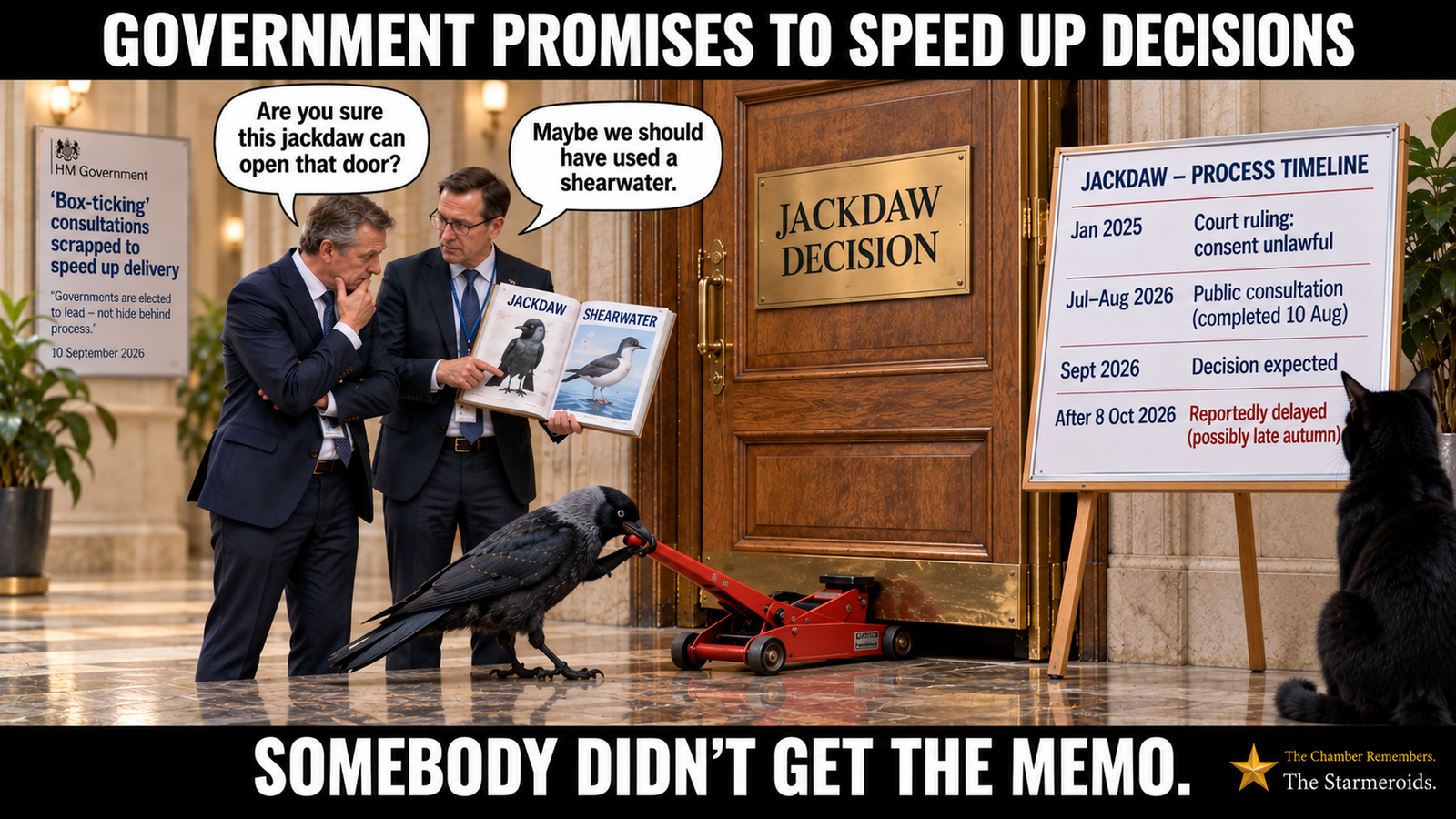 Top bar text: ‘Government promises to speed up decisions.’ In a government office, a door labelled ‘JACKDAW DECISION’ is being worked open by a realistic jackdaw using a red mechanical jack. Two suited officials watch; one asks, ‘Are you sure this jackdaw can open that door?’ and the other replies, ‘Maybe we should have used a shearwater.’ The second official holds an open bird-identification book showing labelled jackdaw and shearwater pages. A government poster refers to scrapping ‘box-ticking’ consultations to speed up delivery, while a process board records the Jackdaw decision history and says the decision is reportedly delayed until after 8 October 2026, possibly late autumn. Tac, seen from the rear in three-quarter view, looks towards the process board. Bottom bar text: ‘Somebody didn’t get the memo.’
