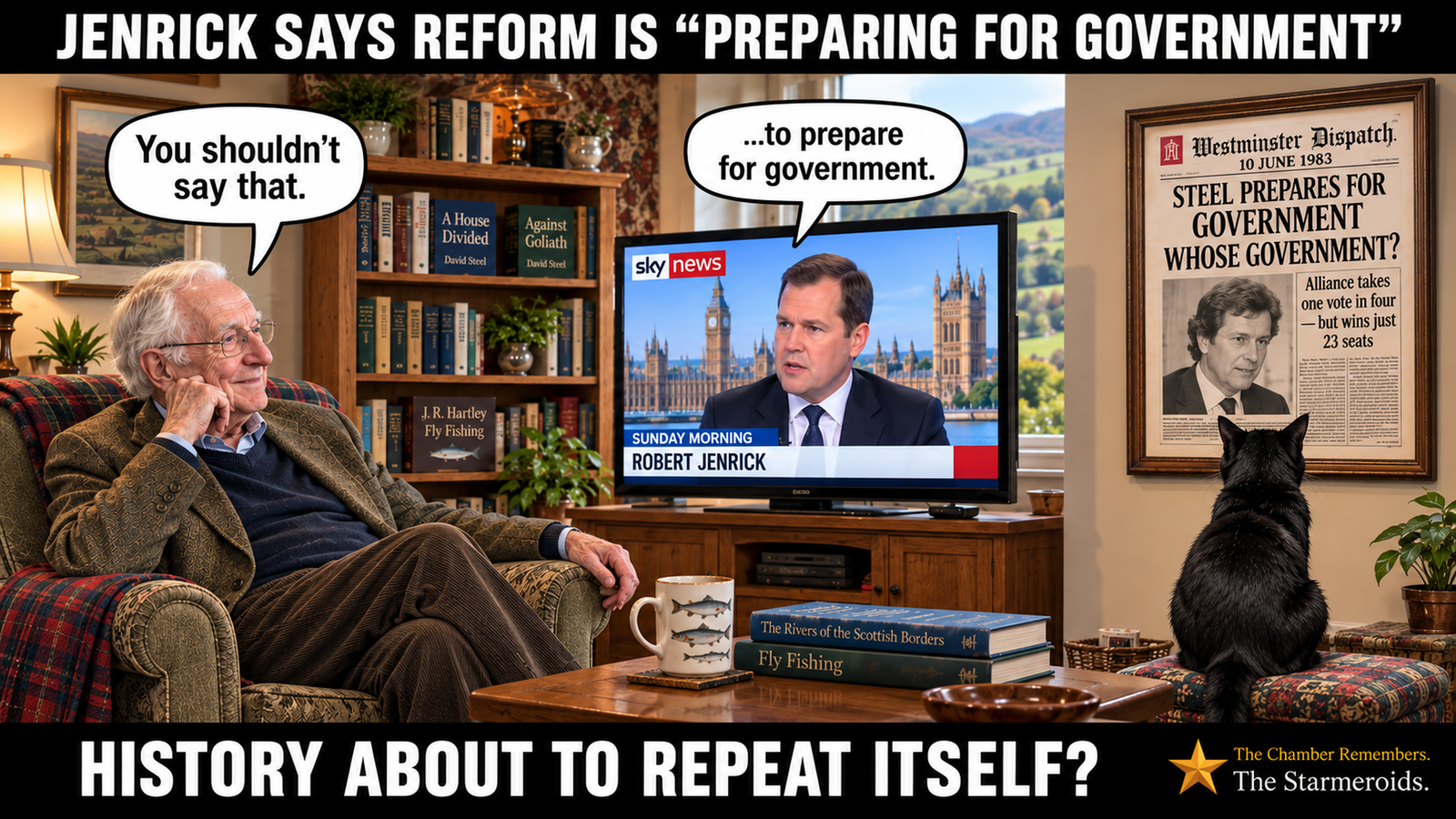Top bar text: “Jenrick says Reform is ‘preparing for government’.” In a warmly lit, comfortable sitting room with traditional furniture, bookshelves and a countryside view through the windows, an elderly David Steel sits on the left in an armchair, wearing glasses, a tweed jacket and blue jumper. He rests one hand against his face and watches Robert Jenrick on a television with a restrained, knowing smile. Jenrick appears on Sky News and says, “…to prepare for government.” Steel replies, “You shouldn’t say that.” The bookshelves behind them include Steel’s A House Divided and Against Goliath, alongside J. R. Hartley’s Fly Fishing. On the wall to the right of the television is a framed fictional Westminster Dispatch front page with its blackletter masthead and small red emblem, dated 10 June 1983. It contains a black-and-white photograph of a younger David Steel and the headline “Steel prepares for government”, followed by “Whose government?” A smaller line reads, “Alliance takes one vote in four — but wins just 23 seats.” Beneath the framed newspaper, Tac, a small black short-haired cat with amber eyes and a small white chest patch, is seen from behind sitting on the floor and looking directly up towards the newspaper rather than at the viewer; from this angle his eyes and white chest patch are not visible. Bottom bar text: “History about to repeat itself?”
