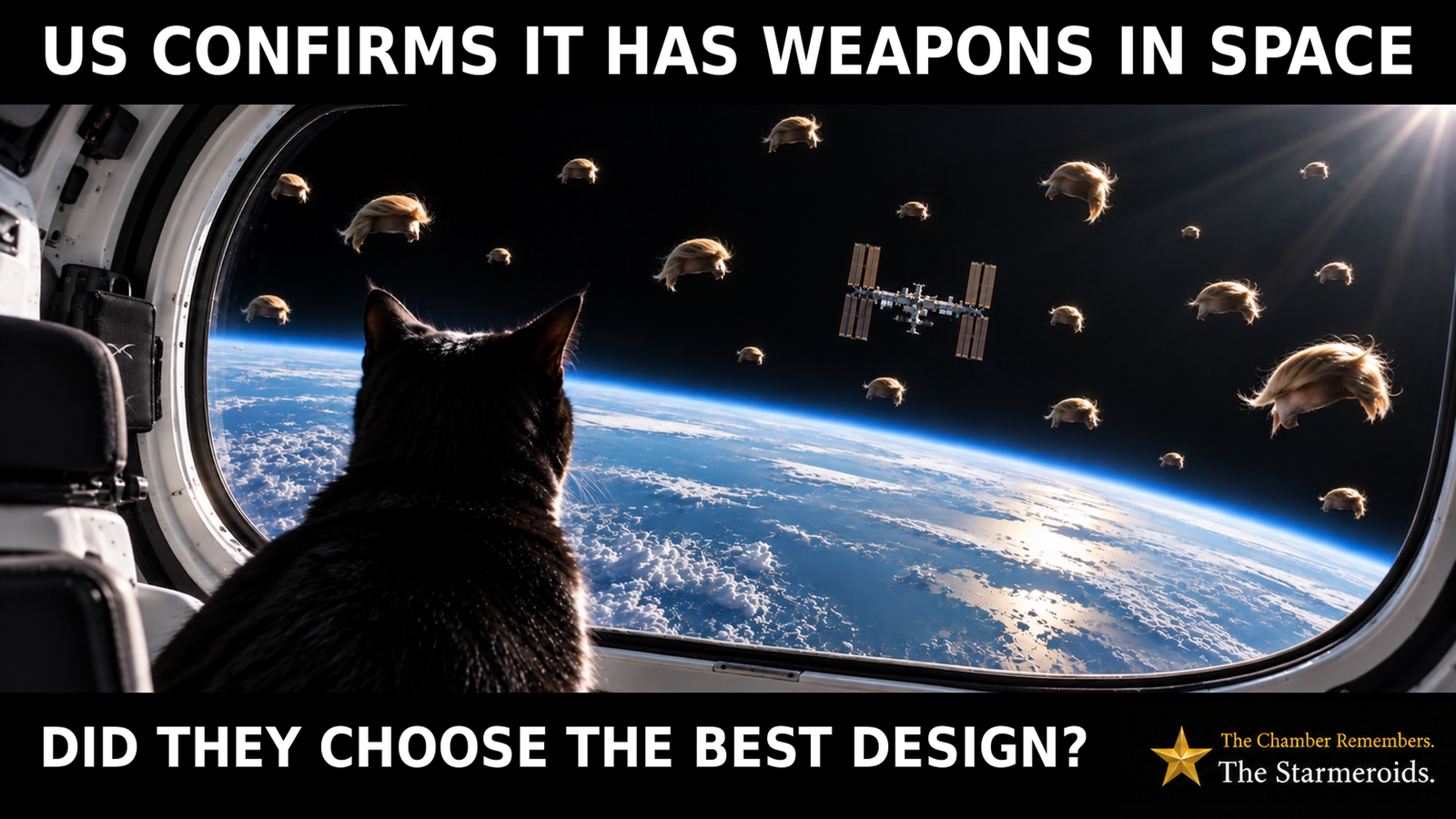 Top bar text: “US confirms it has weapons in space.” Tac is a small black short-haired cat with amber eyes and a small white chest patch, seen from behind inside a spacecraft as he looks through a large window towards Earth. Beyond the window, the International Space Station is visible above the curved blue horizon, surrounded by numerous floating blond hairstyles resembling Donald Trump’s distinctive hair. The wigs are scattered at different distances across black space, with bright sunlight streaming in from the upper right. Bottom bar text: “Did they choose the best design?”