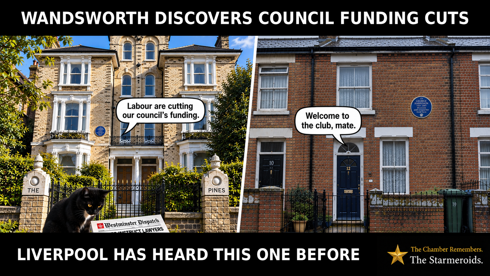 Top bar text: “Wandsworth discovers council funding cuts.” A split-screen scene contrasts two houses. On the left, in bright sunshine, the grand Victorian Pines at 11 Putney Hill in Wandsworth has a blue plaque beside its entrance. Tac is a small black short-haired cat with amber eyes and a small white chest patch. He stands nearby looking down at a Westminster Dispatch newspaper lying on the ground, whose headline reads “Tories instruct lawyers over Wandsworth funding cuts”. A speech bubble from the Wandsworth house says, “Labour are cutting our council’s funding.” On the right, beneath a grey sky, the modest red-brick terraced birthplace of George Harrison at 12 Arnold Grove in Liverpool has its blue plaque beside the door. A speech bubble from the Liverpool house replies, “Welcome to the club, mate.” Bottom bar text: “Liverpool has heard this one before.”