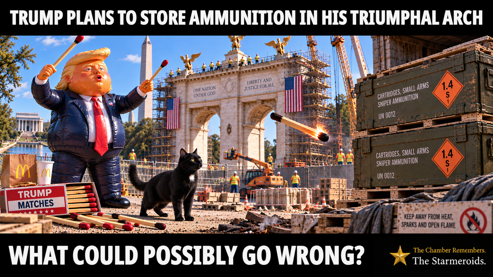 Top bar text: “Trump plans to store ammunition in his triumphal arch.” At a bright construction site in Washington, a large inflatable caricature of Donald Trump stands on the left, enthusiastically conducting as though leading an orchestra, using two oversized matches as batons. Beside him are Mac Donald’s food and an open box labelled “Trump Matches”, with more giant matches scattered across the ground. Tac is a small black short-haired cat with amber eyes and a small white chest patch. He stands near Trump, looking towards a burning match flying through the air towards stacked ammunition crates on the right. The crates are marked “Cartridges, small arms”, “Sniper ammunition”, “UN 0012” and “1.4S”. A nearby warning reads, “Keep away from heat, sparks and open flame.” Behind them, workers and scaffolding surround the partly constructed triumphal arch, which is decorated with US flags. Bottom bar text: “What could possibly go wrong?”