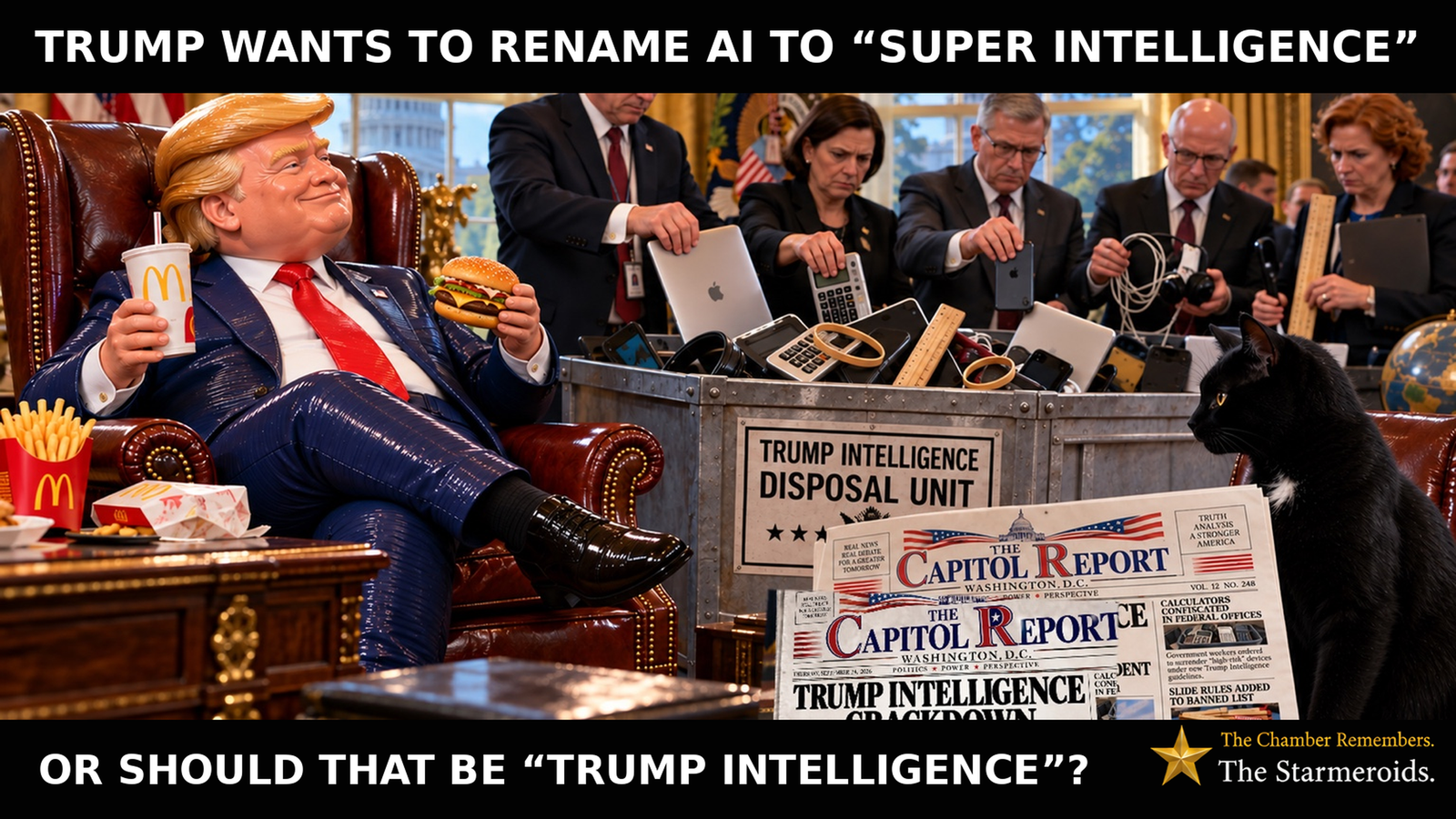 Top bar text: “Trump wants to rename AI to ‘Super Intelligence’.” On the left, a caricature of Donald Trump sits smiling in an ornate chair with a Mac Donald’s meal beside him, watching a line of officials dispose of objects into a large container labelled “Trump Intelligence Disposal Unit”. The discarded objects include laptops, mobile phones, calculators and slide rules, with a rubber band lying conspicuously among them. On the right, Tac is a small black short-haired cat with amber eyes and a small white chest patch, looking towards the officials and the disposal container. Beside him is a copy of the fictional Capitol Report newspaper with the headline “Trump Intelligence crackdown” and “No object to be smarter than President”. Smaller headlines include “Calculators confiscated in federal offices”, “Slide rules added to banned list” and “Rubber band under investigation”. Bottom bar text: “Or should that be ‘Trump Intelligence’?”