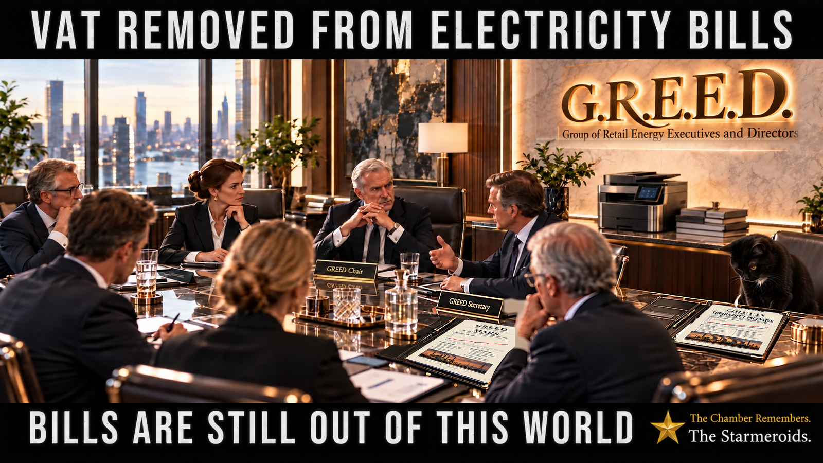 Top bar text: “VAT removed from electricity bills.” In a luxurious boardroom at sunset, a group of suited energy executives sit around a glossy conference table beneath a large illuminated wall logo reading “G.R.E.E.D.”, with the words “Group of Retail Energy Executives and Directors” underneath. Nameplates on the table identify the G.R.E.E.D. Chair and G.R.E.E.D. Secretary. One open briefing folder contains a report headed “Throughput Incentive — Operational Capacity and Supply Strategy”, with a rising performance graph and a photograph of a large power station with smokestacks and cooling towers. Tac is a small black cat with amber eyes and a small white chest patch, sitting at the far right beside the table and looking down toward the Throughput Incentive report. Another open briefing folder contains a report headed “MARS — Market Adjustment Response Summary”, also showing a rising graph and power-station imagery. Bottom bar text: “Bills are still out of this world.”