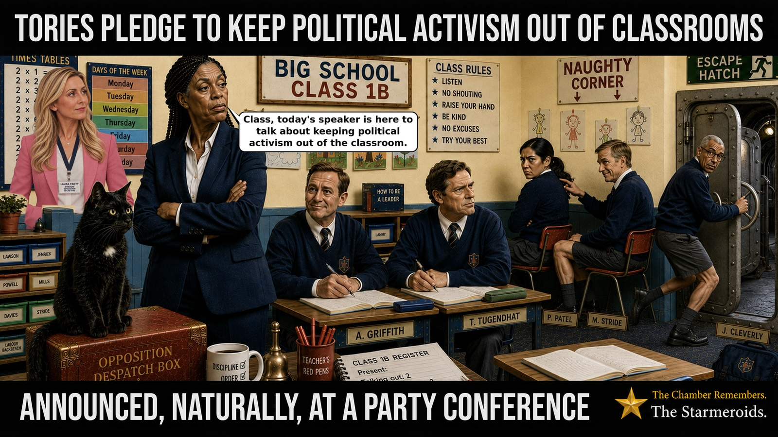 Top bar text: “Tories pledge to keep political activism out of classrooms.” In a bright junior-school classroom labelled “Big School, Class 1B”, Laura Trott stands at the left in a pink blazer wearing a visitor-style badge reading “Laura Trott — Shadow Education Secretary”. Beside her, Kemi Badenoch stands with her arms folded and tells the class, “Class, today’s speaker is here to talk about keeping political activism out of the classroom.” Andrew Griffith and Tom Tugendhat sit at school desks in navy uniforms, while Priti Patel and Mel Stride sit in the “Naughty Corner” at the back. At the far right, James Cleverly is halfway through a steel door beneath an “Escape Hatch” sign, looking back into the classroom as he leaves. Tac is a small black short-haired cat with amber eyes and a small white chest patch, sitting on the Opposition despatch box in the foreground. Classroom details include times tables, days of the week, children’s drawings, class rules, a book titled “How to Be a Leader” and labelled pupil drawers. Bottom bar text: “Announced, naturally, at a party conference.”