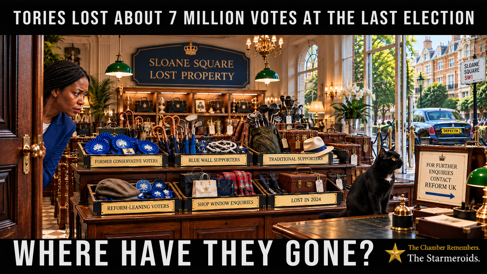 Top bar text: “Tories lost about 7 million votes at the last election.” Inside an ornate, brightly lit Sloane Square lost-property room, Conservative leader Kemi Badenoch, wearing a blue suit, peers cautiously around a doorway and looks across rows of expensive-looking belongings. Dark wooden counters and shelves are crowded with leather luggage, umbrellas, golf clubs, hats, blue rosettes and other luxury items. Brass-edged trays are labelled “Former Conservative voters”, “Blue Wall supporters”, “Traditional supporters”, “Reform-leaning voters”, “Shop window enquiries” and “Lost in 2024”. A large sign at the back reads “Sloane Square Lost Property”. Through the windows on the right, a black luxury car is parked outside with the personalised rear number plate “DEFECTR”, beside a street sign reading “Sloane Square SW1”. In the foreground, Tac is a small black short-haired cat with amber eyes and a small white chest patch. He sits calmly beside a framed notice and looks towards it without touching it. The notice reads, “For further enquiries contact Reform UK”, with an arrow pointing to the right. Bottom bar text: “Where have they gone?”