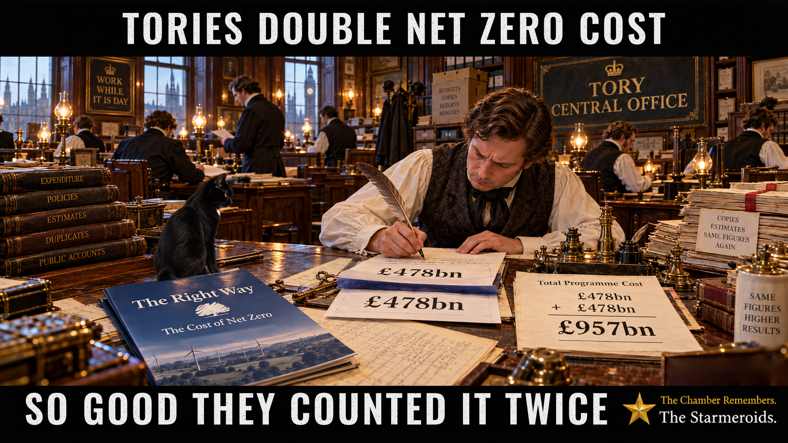Top bar text: “Tories double net zero cost.” An imagined Victorian counting house serves as Tory Central Office. Tall windows look out at dusk over the Houses of Parliament and the Elizabeth Tower. Rows of anonymous clerks in white shirts and dark waistcoats work at wooden desks under brass oil lamps. A framed wall motto reads “Work while it is day”. A large sign beneath a gold crown reads “Tory Central Office”, and a box is labelled “Budgets, Copies, Returns, Minutes”. In the left foreground, a stack of leather ledgers is titled “Expenditure”, “Policies”, “Estimates”, “Duplicates” and “Public Accounts”. Beside them, Tac is a small black short-haired cat with amber eyes and a small white chest patch. He sits on the desk looking towards the clerk’s duplicate paperwork, without touching it. In front of him lies a blue policy booklet titled “The Right Way”, with “The Cost of Net Zero” beneath, an oak-tree emblem and a picture of wind turbines. At the centre, a clerk in a patterned waistcoat and black cravat writes with a feather quill. His top sheet shows £478bn, with a carbon-paper duplicate beneath it also showing £478bn. On the right, a sheet headed “Total Programme Cost” displays £478bn plus £478bn and a final written total of £957bn. Other labels read “Copies, Estimates, Same Figures Again” and “Same Figures, Higher Results”. Bottom bar text: “So good they counted it twice.” The official Starmeroids ident appears in the lower right.