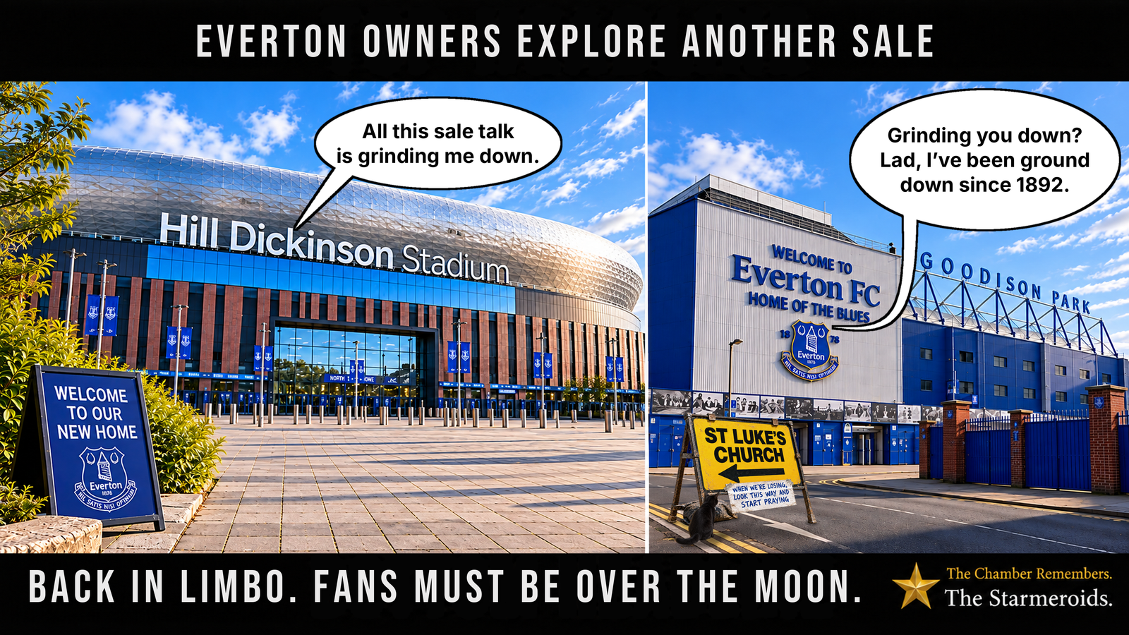 Top bar text: “Everton owners explore another sale.” A bright split-screen view compares Everton’s two stadiums. On the left, the modern Hill Dickinson Stadium has a large silver roof and glass-fronted entrance. A blue pavement sign reads “Welcome to our new home.” The stadium’s speech bubble says, “All this sale talk is grinding me down.” On the right, the older Goodison Park has blue stands, a large Everton crest and its name displayed above the roof. Its speech bubble replies, “Grinding you down? Lad, I’ve been ground down since 1892.” In the foreground, a weathered yellow temporary road sign marked “St Luke’s Church” has a left-pointing arrow. A handwritten notice taped beneath the arrow reads, “When we’re losing, look this way and start praying.” Tac, a small black short-haired cat seen mostly from behind, sits beside the sign, looking up towards the handwritten notice. The official Starmeroids ident appears at the lower right. Bottom bar text: “Back in limbo. Fans must be over the moon.”