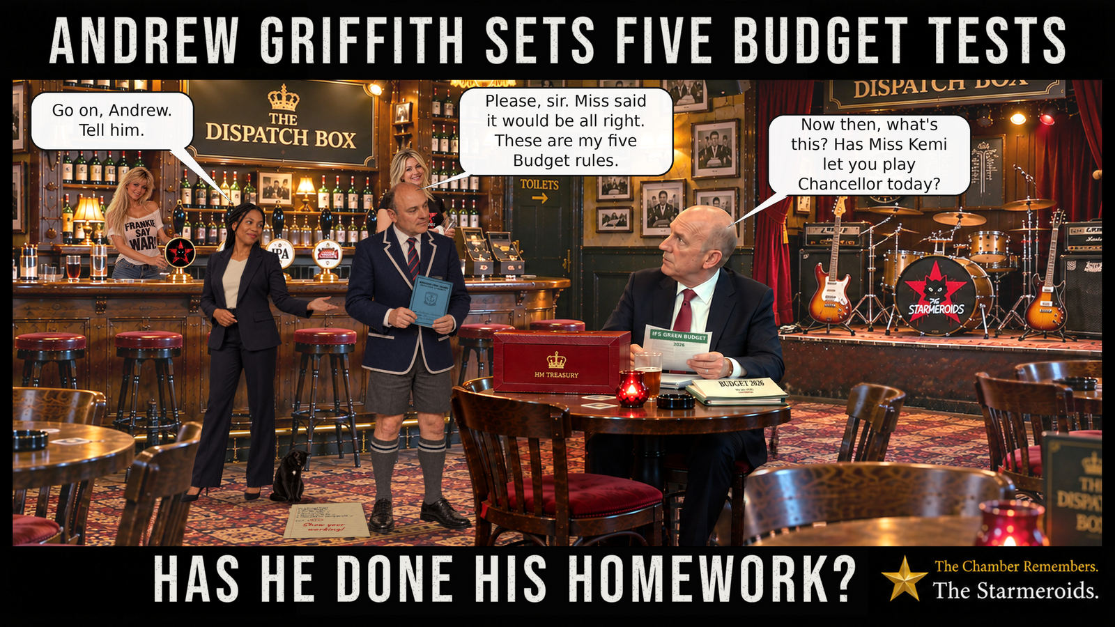 Top bar text: “Andrew Griffith sets five Budget tests.” Inside the warmly lit, fictional Dispatch Box pub, Chancellor John Healey sits at a table with a red HM Treasury box, a folder marked “Budget 2026” and an IFS Green Budget 2026 report. He looks towards Andrew Griffith, depicted as a Greyminster schoolboy in a navy blazer, striped tie, grey shorts and knee socks, holding a blue exercise book titled “My 5 Budget Rules”. Beside Andrew, Kemi Badenoch stands in a navy trouser suit, smiling encouragingly and gesturing towards him. She says, “Go on, Andrew. Tell him.” Andrew replies, “Please, sir. Miss said it would be all right. These are my five Budget rules.” Healey answers, “Now then, what's this? Has Miss Kemi let you play Chancellor today?” On the carpet beside Andrew's feet lies a fallen page of schoolwork listing five Budget rules, each ticked. Beneath them, “Cost: £???” has its question marks circled in red, followed by a teacher's red-pen comment: “Show your working!” Tac, a small black short-haired cat with amber eyes and a precise white chest patch, sits beside the page, looking down towards the correction without touching it. Behind the characters are two barmaids, beer pumps, photographs and a small stage with a drum kit bearing the Starmeroids logo. Bottom bar text: “Has he done his homework?” The official ident at the lower right reads, “The Chamber Remembers. The Starmeroids.”