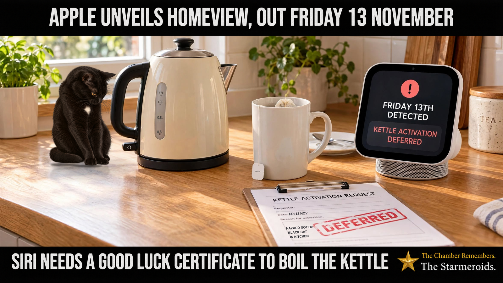 Top bar text: “Apple unveils HomeView, out Friday 13 November.” In a sunlit kitchen, an Apple HomeView display reads “Friday 13th detected. Kettle activation deferred.” Beside it stands a cream electric kettle with its switch in the off position, an empty white mug containing a dry teabag, and a spoon resting on a small plate. Tac is a small black short-haired cat with amber eyes and a small white chest patch. He sits on the wooden worktop beside the kettle, looking down towards its off switch. In the foreground, a clipboard headed “Kettle activation request” bears a large red “Deferred” stamp, the date “Fri 13 Nov” and the note “Hazard noted: black cat in kitchen.” Bottom bar text: “Siri needs a good luck certificate to boil the kettle.”